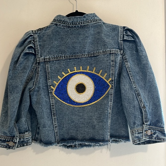 Evil eye Cropped half sleeve jean Jackets - Picture 1 of 5